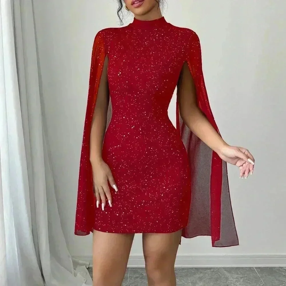 Red Party Women's Fitted Short Casual Mock Neck Flared Sleeve Bodycon Dress